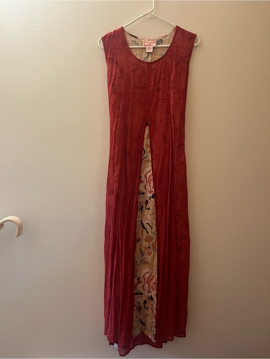 April Cornell Dresses & Skirts - VTG April Cornell Red Sleeveless Long Overlay Dress with Floral Underlayer